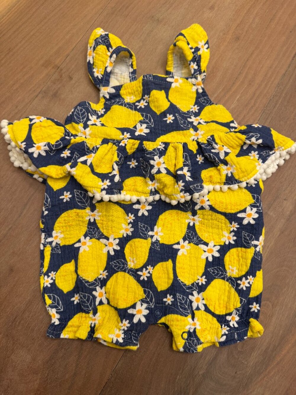 Mud Pie Lemon Daisy Pom-Pom Bubble Romper Navy Yellow 9-12M
